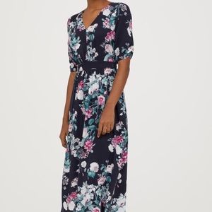 H&M navy floral midi dress with tie belt